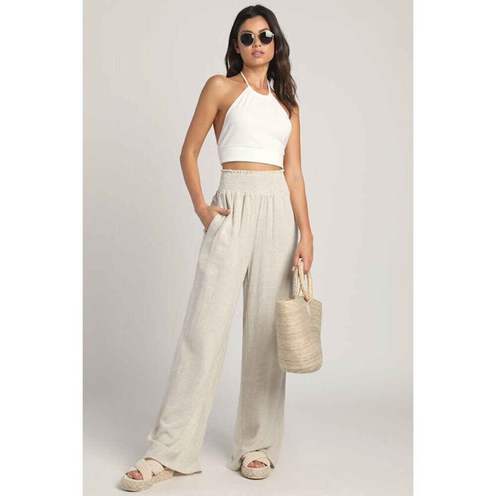 Lulus Hit The Breeze Beige Smocked Wide-leg Pants - Size M
